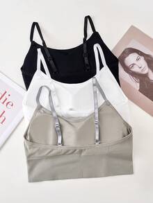 SHEIN 3件組女款/青少年女孩加墊細肩帶內衣套裝，黑色/白色/灰色，適合四季，舒適觸感，秋季穿搭 - 彩色 - 查看 2