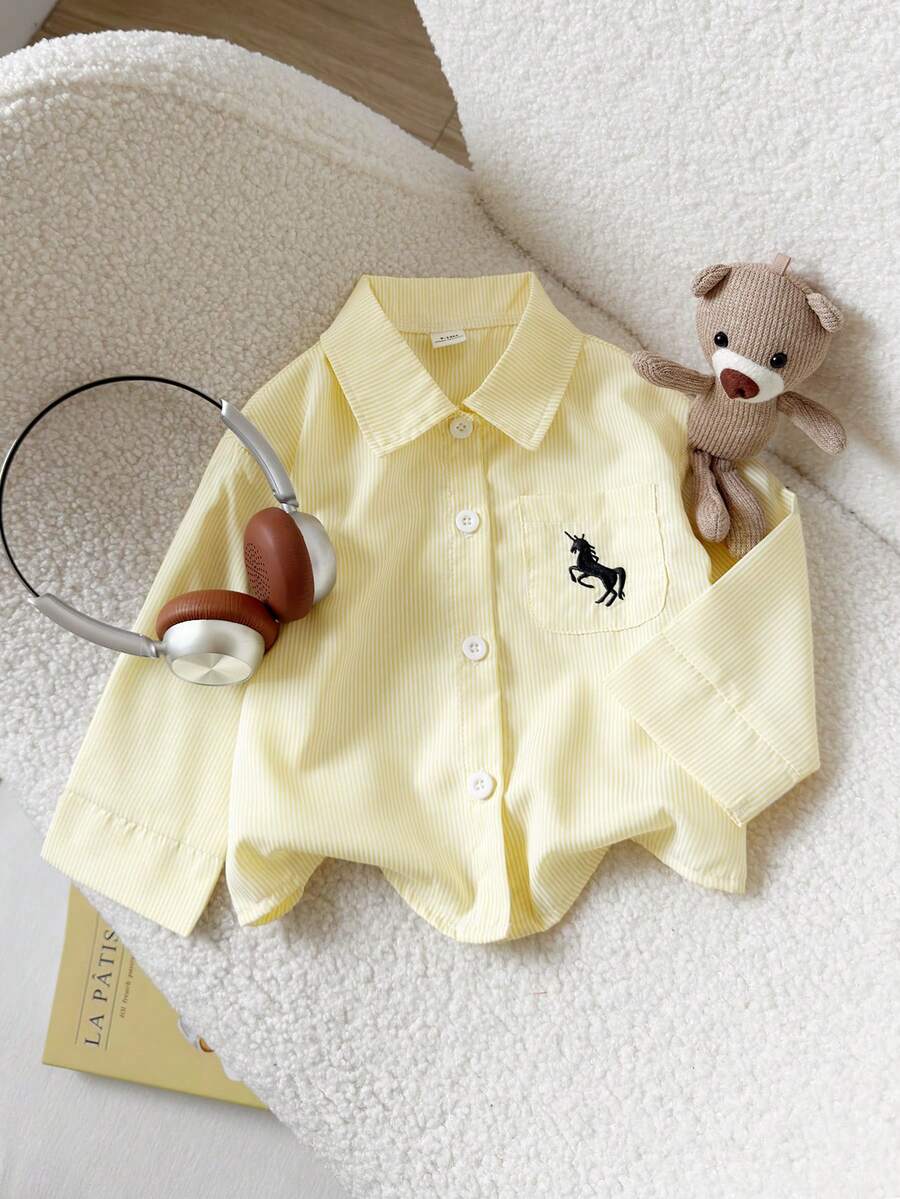 SHEIN Playful Pals 女婴休闲格子长袖衬衫,可爱清新韩版风格,适合春、秋、冬三季穿着,百搭单品 - 黃色 - 查看 1
