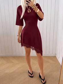 SHEIN EZwear 酒紅色針織修身女款洋裝 - 酒紅色 - 查看 5