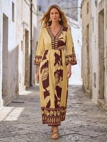 Hansera Women's Summer Vacation Leaf Print V-Neck Waist Cinched Dress - Multicolor - View 2