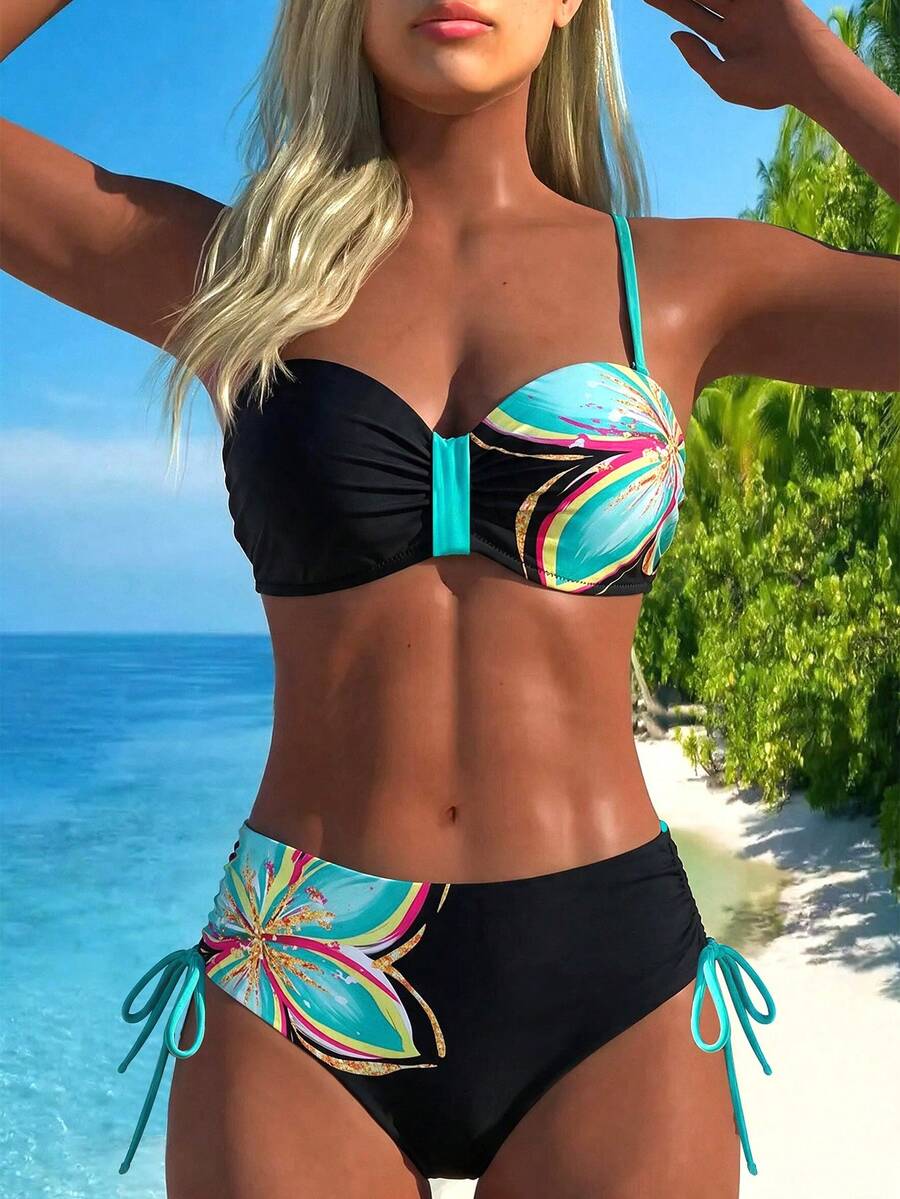 SHEIN Swim Women's Summer Vacation Beach Sexy Floral Push-Up Underwire Detachable Thin Strap Ruched Bandeau Bikini Top With High Waist Side Drawstring Bikini Bottoms Bikini Set Set - Multicolor - View 1