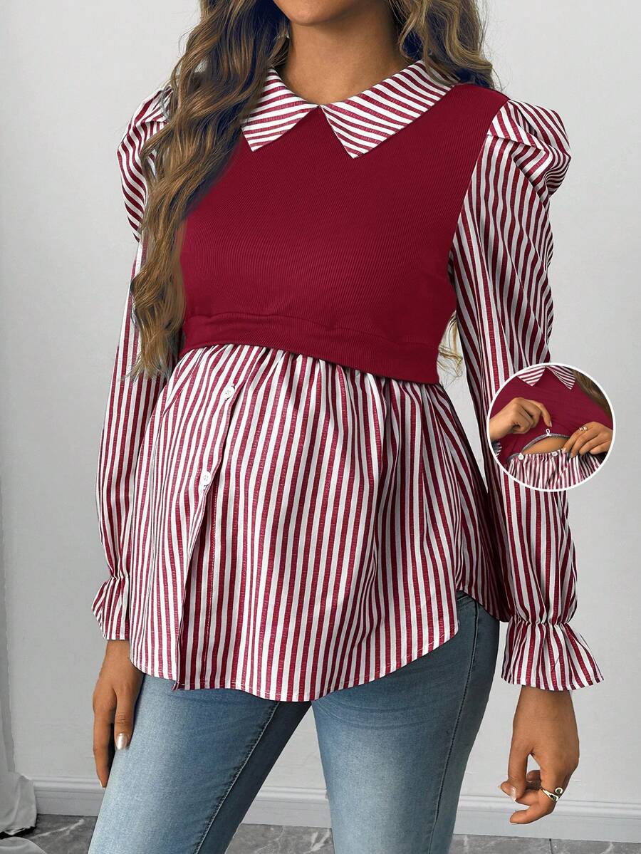 SHEIN 女款條紋拼接 2 合 1 哺乳休閒日常上衣 - 紅白色 - 查看 1