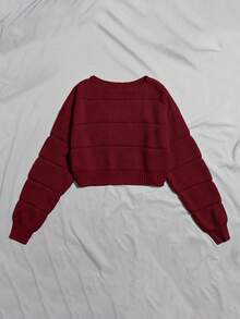 Franclia Autumn/Winter Casual Versatile Solid Color Cropped Sweater - Burgundy - View 2