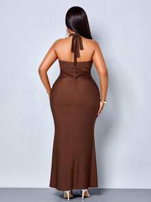 SOLERSUN V-Neck Halter Backless Mermaid Long Dress, Metal Buckles Flowing Satin Ribbons, Parties Formal Wedding Guest Evening Events Brown Summer Elegant - Coffee Brown - View 5
