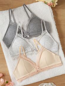 SHEIN 3pcs/Set Teen Girl Minimalist Solid Color Lace Trim Triangle Cup Wireless Comfortable Bra, Student Underwear,Summer,Travel Autumn Fall - Multicolor - View 4