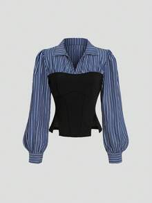 Sweetra Sweet Elegant Slim Fit Patchwork Striped Shirt With Contrast Color Lapel Design, Early Autumn Long Sleeve Casual Versatile Blouse For Women - Multicolor - View 3