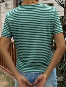 Livesso 綠色圓領夏季短袖條紋寬鬆女款T恤 - 綠色 - 查看 2
