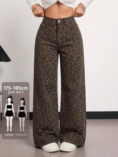 SHEIN Tall Women's Autumn/Winter American Leopard Print Denim Jeans Loose Wide Leg Long Pants