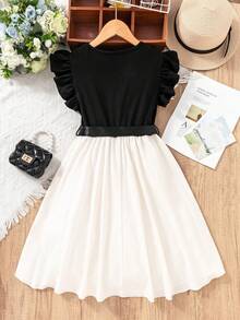 SHEIN Tween Girls Fashion Colorblock Flutter Sleeve Bow Dress - Multicolor - View 2