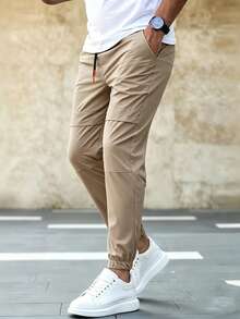 Manfinity Homme Men Slant Pocket Drawstring Waist Pants - Khaki - View 7