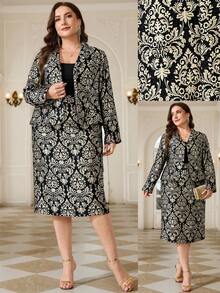 Reflora Plus Size Elegant Metallic Texture Long Sleeve Jacket And Skirt Suit Set - Black - View 6