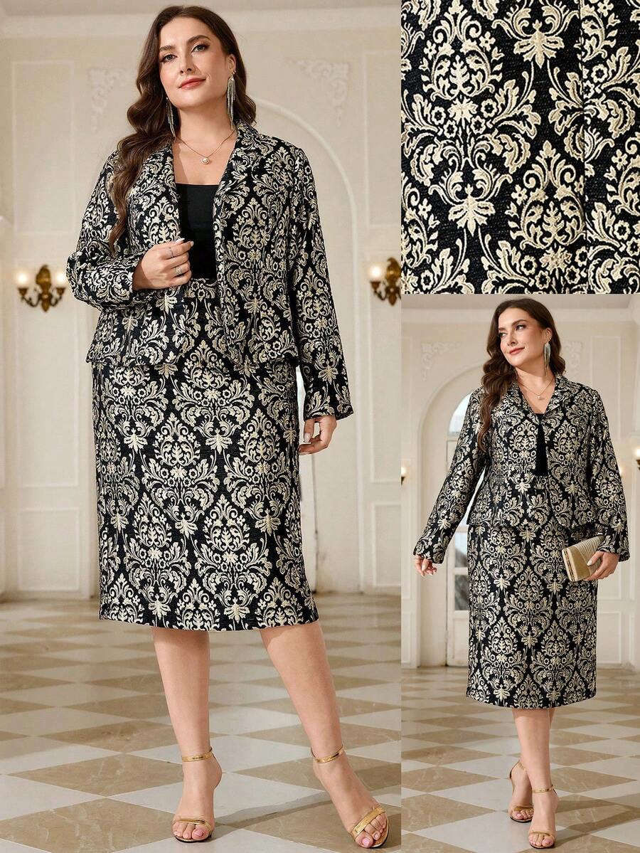 Reflora Plus Size Elegant Metallic Texture Long Sleeve Jacket And Skirt Suit Set - Black - View 1