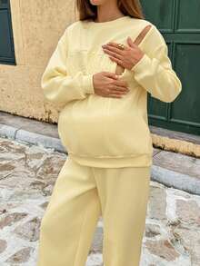 Lyckli Maternity Letter Print Long Sleeve Top And Adjustable Waist Long Pants Casual Daily 2 Pieces Set Fall - Yellow - View 1