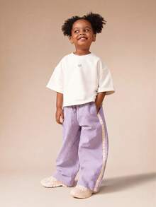 SUMWON Girls Oversized Fresh Bakery Graphic Back Print T-Shirt And Wide Leg Textured Lavender Pant Co-Ord Set - Lilac Purple - View 2