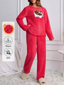 SHEIN Red Fuzzy Plush Sleeping Bear Applique Cozy Winter Homewear Pajama Set - Pink - View 7