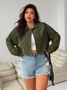 SHEIN EZwear 女款大尺碼軍綠色長袖單排扣休閒夾克外套 秋季 - 軍綠色 - 查看 1