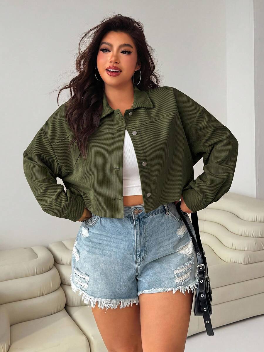 SHEIN EZwear 女款大尺碼軍綠色長袖單排扣休閒夾克外套 秋季 - 軍綠色 - 查看 1