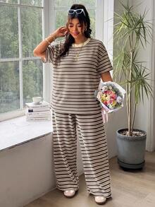 SHEIN EZwear 大尺碼女款棕色拼色短袖上衣與長褲兩件套，適合辦公、度假、夏季，1960年代與90年代風格 - 彩色 - 查看 7