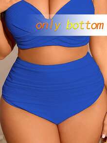 Swim Chiccia Bikini de talla grande para mujer con tela acanalada, unicolor, fruncido y control de abdomen, adecuado para uso diario y de vacaciones en verano - Azul - Ver 8