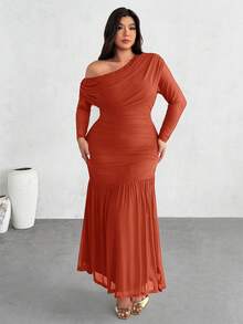Firerie Plus Size Women Solid Color Asymmetrical Neck Ruched Fishtail Hem Elegant Dress Fall - Orange - View 8