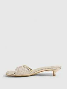 CUCCOO SZL Women's Golden Square Toe Fashion Daily Travel Casual Versatile Thin Heel Rhinestone Slippers Kitten Heels - Golden PU - View 4