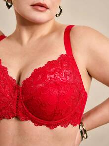 Hourtrue Plus Size Red Lace Bra, Comfortable Full Coverage Unpadded Bra With Front Hollow Tie Design - Red - View 6