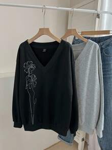 SHEIN LUNE 女款休閒V領抓絨衛衣2件套，適合秋冬，現代都市時尚商務休閒辦公穿搭，低調老錢風 - 彩色 - 查看 4