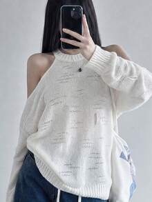 INAWLY Women's Solid Color Simple Casual Cold Shoulder Hollow Sweater, Knit Pullover Fall Winter - White - View 5