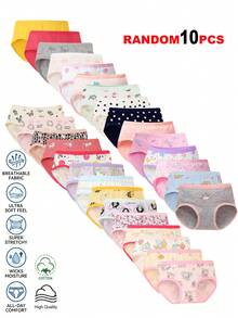 SHEIN 10pcs Random Assorted Girls' Triangle Panties, Simple Fashion All-Over Print Cartoon Animal Heart Pony Strawberry Pattern, Toddler Girls Underwear - Multicolor - View 1