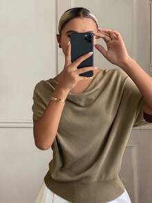 Livesso Tall Women's Cowl Neck Short Sleeve Casual Knit Top Fall - Khaki - View 3
