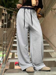 DAZY 女款拼色滾邊拼接寬鬆直筒休閒運動長褲，可愛上衣 - 灰色 - 查看 8