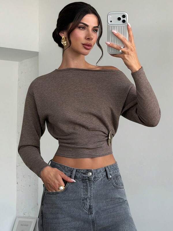 Firerie Dark Brown Asymmetric Neckline Women's Casual Knit Pullover Sweater, Autumn/Winter Women's Clothing, Casual Work Commute Sweater, Fashion Sweater, Women's Autumn Wear