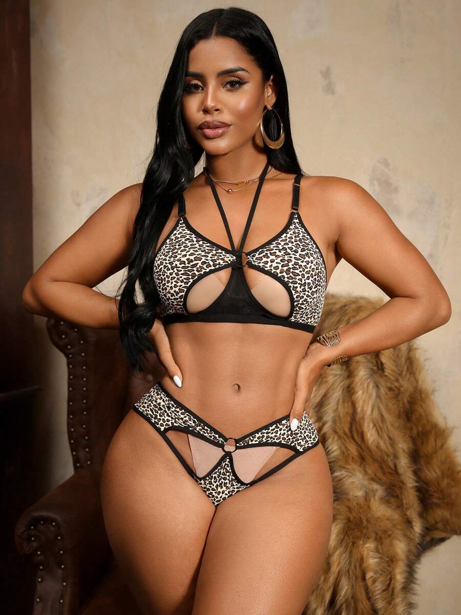 Bare Chapter Sexy Leopard Print Lingerie Set For Women,Beige,Summer,Front Closure,Beautiful Back,Criss-Cross Straps,Hollow Out,Non-Wired Bra And Panties 2pcs Set - Multicolor - View 1