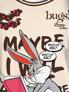 LOONEY TUNES X SHEIN 大尺碼女款字母卡通兔子印花短袖休閒T恤 - 白色 - 查看 5