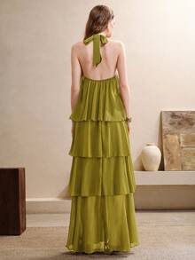Arave Women's Dress A-Line Tiered Chiffon Halter Neck Metal Buckle Layered Elegant Party Olive Green Solid Elegant Dresses For Party Wedding Party - Green - View 3