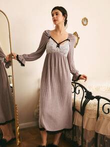 Côtesoire Women's Lace Patchwork Pleated Casual Daily Home Sleep Dress - Pink - View 6