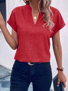 EMERY ROSE Summer Casual Solid Color Notch Collar Shirt - Red - View 5