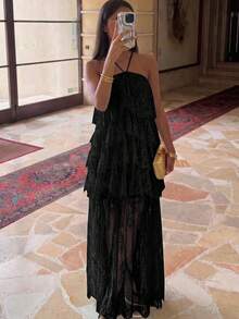 Aloruh Vestido de vacaciones para mujer con volantes multicapa, encaje y cuello halter - Negro - Ver 8