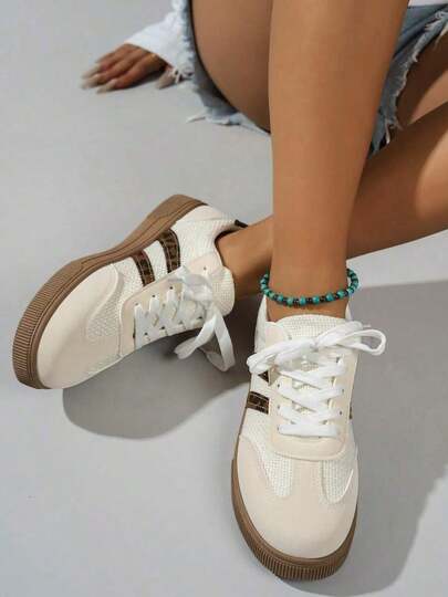 1 Pair Women'S Multifunctional Fashion Casual Shoes, Flat Lace-Up Round Toe Rubber Sole Casual Sneakers, Beige & Contrast Color, Suitable For Daily Wear, Casual Shoes Size 36-40