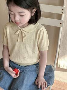 Dazy Kids Young Girl Plain Pleated Casual Versatile Everyday Knit Top - Apricot - View 5
