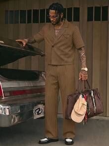 AXEPEAK Men's Summer Casual Striped Shirt And Long Pants Set - Brown - View 1