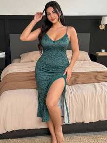Dazy Plus Charming Leopard Print Lace Trim Sexy Backless Fitted Slit Design Cami Nightgown Fall - Dark Green - View 3