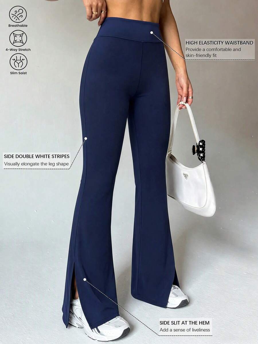 Slayform Celana Olahraga Wanita Warna Polos Pinggang Tinggi Belahan Bawah Model Flare - Biru - View 1