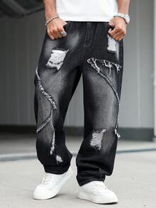 NEOSTRIT Men's American Street Style Distressed Patchwork Raw Edge Denim Jeans - Black - View 5