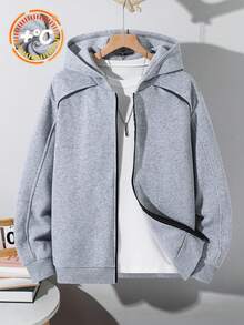 SHEIN 青少年男孩灰色寬鬆花卉圖案拉鍊連帽衛衣，都市風圖案，冬季開學季 - 灰色 - 查看 7