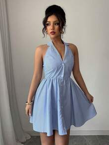 Elenzga 女式翻领单排扣休闲条纹迷你连衣裙 - 藍白色 - 查看 4
