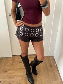 Aloruh Women's Ultra Low Waist Music Festival Hot Sexy Super Short Shorts With Rivets, Cutouts, Tie Dye PU Brown Hot Pants - Brown - View 6