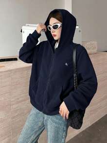 SHEIN 青少年女孩藍色可翻面抓絨刺繡馬匹休閒寬鬆冬季夾克，簡約學院風休閒夾克 - 藏蓝色 - 查看 4