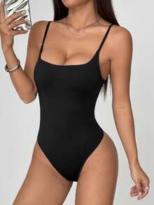 Flirla Women's Minimalist Low-Cut Skinny Bodysuit, Casual Solid Color Versatile Outfit, Spring/Summer - Black - View 3