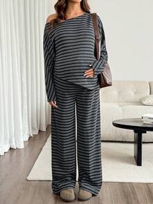 SHEIN Setelan Hamil 2 Potong: Atasan Bergaris Blok Warna dengan Hem Asimetris dan Celana Panjang Kasual dengan Tali Serut di Pinggang (Musim Gugur) - Dark Grey - View 5